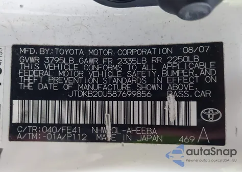 2008 Toyota Prius z USA, uszkodzony, nr VIN JTDKB20U587699856